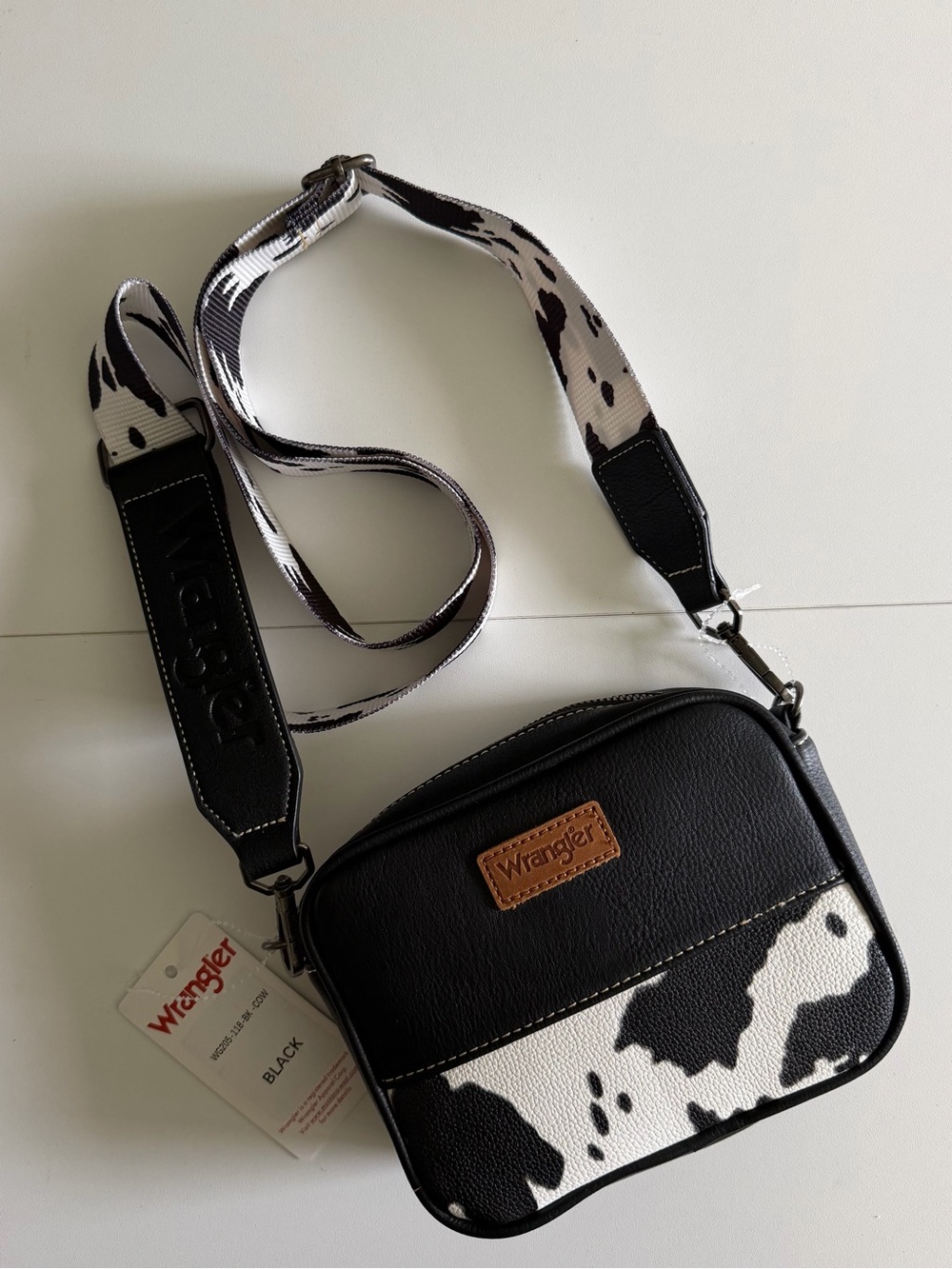 Wrangler  Black Cow Print Women Bag Crossbody Soft Leather Brown Logo Adjustable